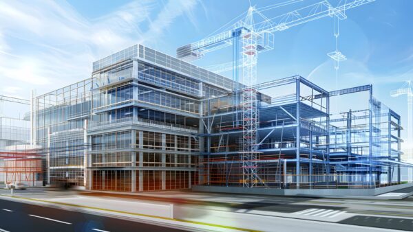 Building Information Modelling software produced image showing the frame of a big building