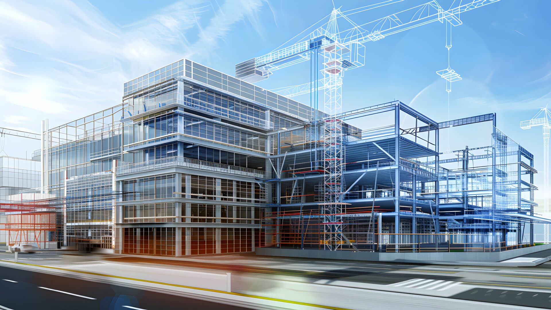Building Information Modelling software produced image showing the frame of a big building 