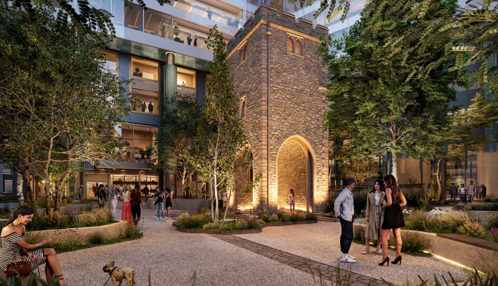 A computer-generated image showing a medieval church tower and a modern office block in the background. There are people walking around.