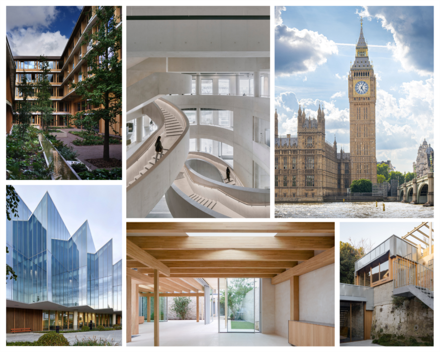The six projects shortlisted for the RIBA Stirling Prize 2025 (clockwise, left to right): Appleby Blue Almshouse (© Philip Vile); London College of Fashion (© Simon Menges); Elizabeth Tower; Hastings House (© Rory Gaylor); Niwa House (© Anton Gorlenko); The Discovery Centre (DISC) (© Hufton+Crow)