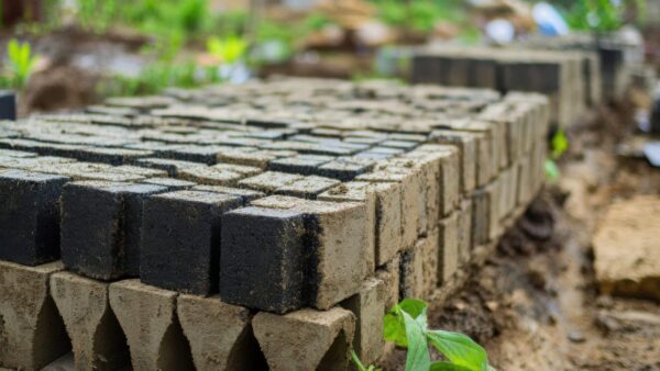 Earth blocks neatly arranged on the ground