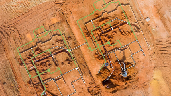 Drone image of a brownfield site showing progress of undergound utilities installation