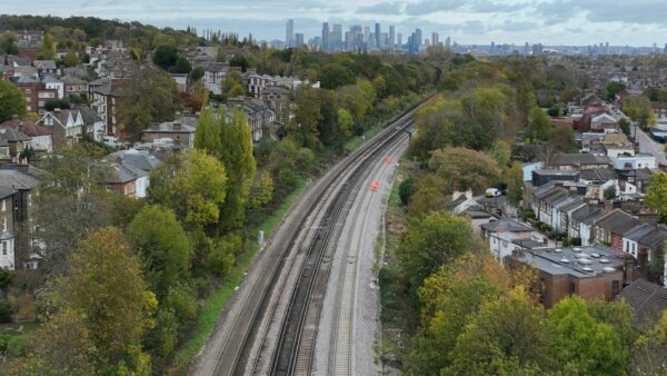 Aerial view of track between Honor Oak Park and Brockley looking north